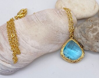 Aquamarine Teardrop Pendant Necklace | Aquamarine Pendant 14K Gold Plated | March Birthstone | Bridal Necklace