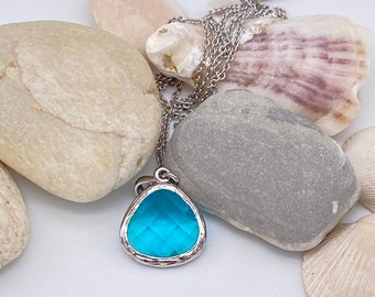 Blue Zircon Pendant Sterling Silver Necklace | Blue Zircon Glass Pendant Necklace | Blue Zircon Necklace | December Birthstone| Gift for Her