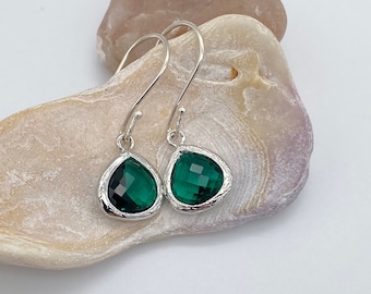 Dainty Emerald Glass Teardrop Pendant Earrings | Emerald Pendant Sterling Silver Earrings | May Birthstone | Bridesmaid Gift | Gift for Her
