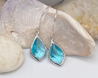 Aquamarine Elongated Teardrop Earrings | Aquamarine Glass Sterling Silver Earrings | March Birthstone | Gift for Her | Gift for Bridesmaid