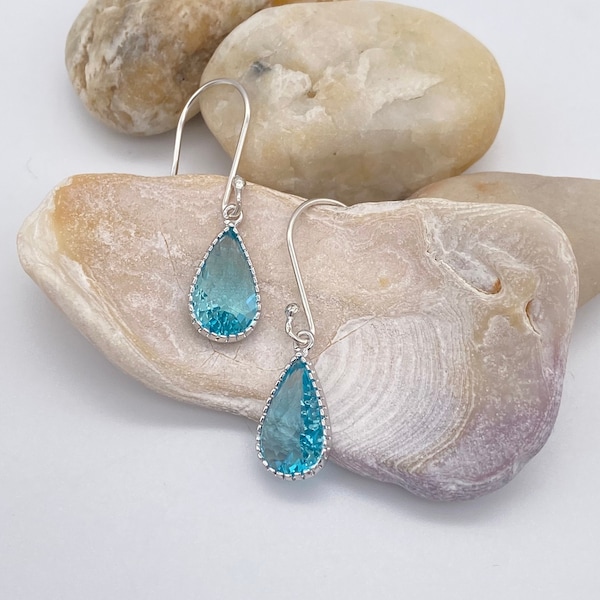 Aquamarine Pendant Earrings | Aquamarine Sterling Silver Teardrop Earrings | March Birthstone earrings