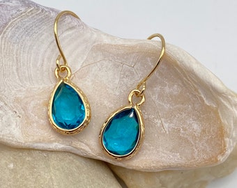 Peacock Blue Earrings | Teal Blue Teardrop Earrings | Teal Blue Pendant Earrings | Gold earrings