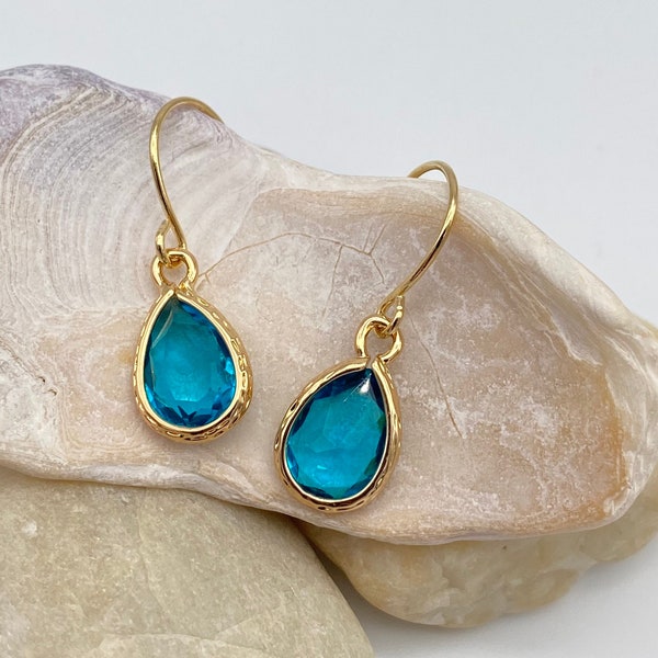 Peacock Blue Earrings | Teal Blue Teardrop Earrings | Teal Blue Pendant Earrings | Gold earrings
