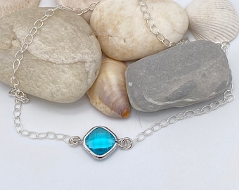 Aquamarine Anklet | Sterling Silver Aquamarine Crystal Anklet | Dainty Anklet | Summer Jewelry