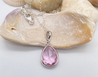 Pink Tourmaline Glass Pendant Necklace | Sterling Silver Pink Tourmaline Necklace | October Birthstone | Gift for Her | Gift for Bridesmaid