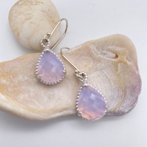 Pink Opal Glass Earrings | Pink Opal Glass Marquise Hammered Silver Earrings |  Framed Pink Opal earrings | Sterling Silver Earrings