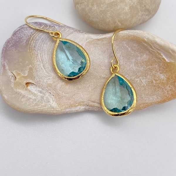 Aquamarine Pendant Gold Earrings | Aquamarine Gold Plated Pendant Earrings | March Birthstone earrings | Bridesmaid Gift | Gift for Her