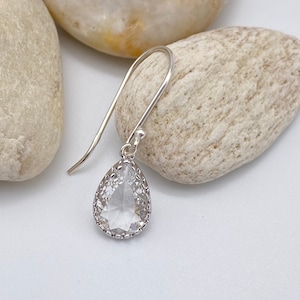 Clear Crystal Teardrop Silver Earrings | April Birthstone Earrings | Bridal Pendant Earrings
