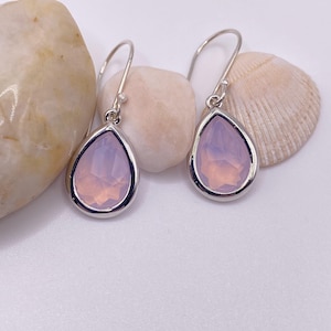 Pink Opal Glass Teardrop Earrings | Pink Opal Framed Sterling Silver Earrings | Sterling Silver Earrings | Gift for Her | Opal Earrings
