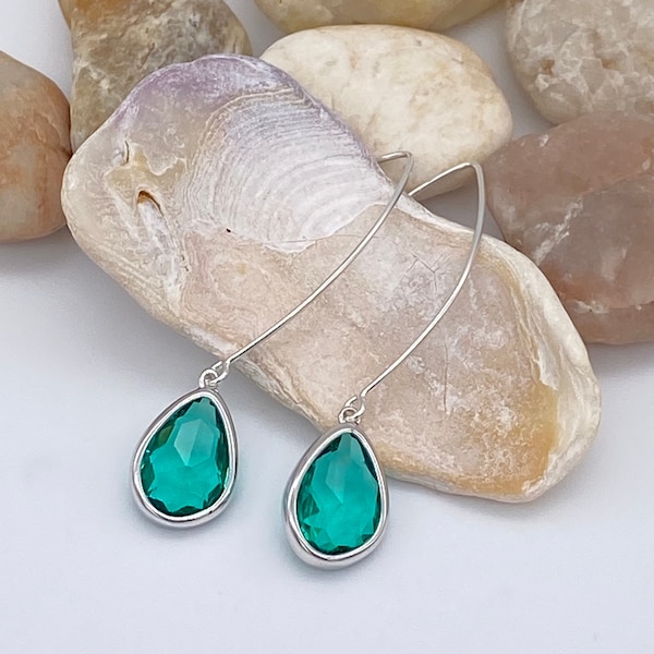 Aqua Green Glass Teardrop Pendant Earrings | Green Zircon Colored Glass Earrings | Teal Green Pendant Earrings | Ocean Green Earrings