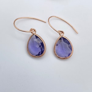 Tanzanite Rose Gold Glass Earrings | Tanzanite Colored Glass Teardrop Pendant Earrings | Purple Pendant Rose Gold Earrings | Gift for Her