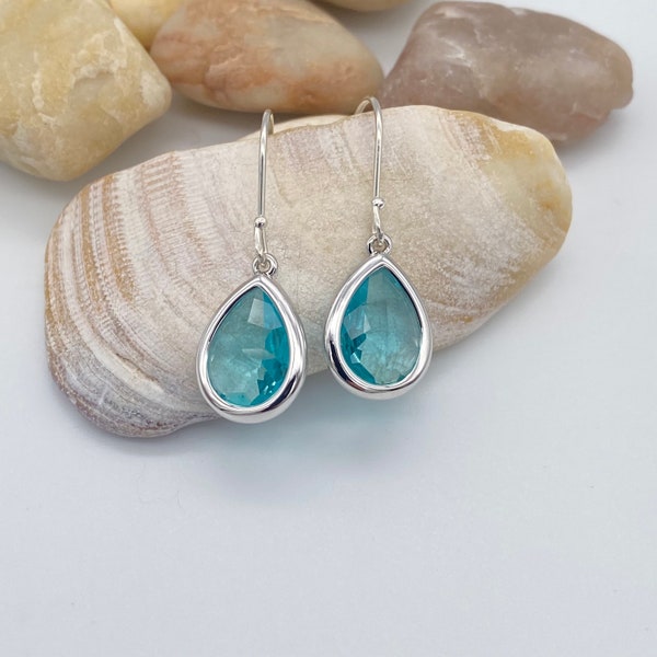 Aquamarine Framed Glass Pendant Earrings | Aquamarine Pendant Sterling Silver Earrings | March Birthstone | Bridesmaid Gift | Gift for Her
