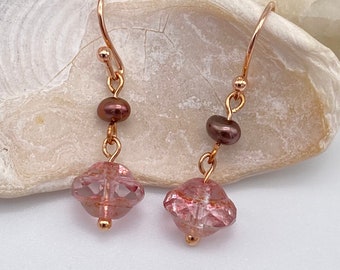 Pink Glass Rose Gold Earrings | Freshwater Pearl Rose Gold Earrings | Pink Bead Earrings | Boho Earrings | Boho Rose Gold Earrings