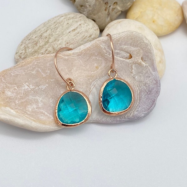 Blue Zircon Teardrop Earrings | Blue Zircon Glass Pendant Rose Gold Filled Earrings | December Birthstone | Gift for Her | Bridesmaid Gift