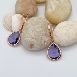 Tanzanite Pendant Rose Gold Lever Back Earrings | Tanzanite Glass Earrings | December Birthstone Earrings | Gift for Her | Bridesmaid Gift