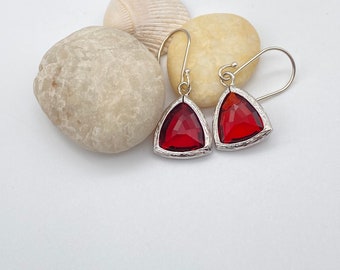 Ruby Glass Teardrop Pendant Earrings | Framed Ruby Pendant Sterling Silver Earring | July Birthstone earrings | Ruby Earrings | Gift for Her