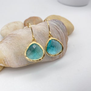 Aquamarine Pendant Earrings | Gold Plated  Aquamarine Pendant Earrings | March Birthstone earrings