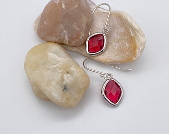 Ruby Teardrop Glass Pendant Earrings | Ruby Pendant Sterling Silver Earrings | July Birthstone earrings | Ruby Earrings | Gift for Her