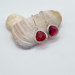 Dainty Ruby Glass Teardrop Pendant Earrings | Ruby Pendant Sterling Silver Earring | July Birthstone earrings