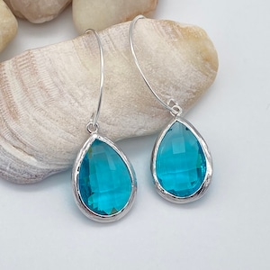 Large Blue Zircon Glass Teardrop Earrings | Large Pendant Blue Zircon Glass Sterling Silver Earrings | December Birthstone | Gift for Her
