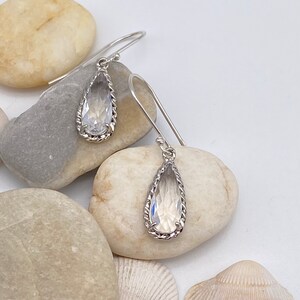 Clear Crystal Teardrop Silver Earrings | April Birthstone Earrings | Bridal Pendant Earrings