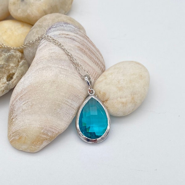 Blue Zircon Teardrop Pendant Necklace | Blue Zircon Glass Pendant Sterling Silver Necklace | December Birthstone Necklace | Gift for Her