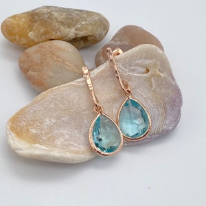 Aquamarine Teardrop Post Earrings | Rose Gold Aquamarine Teardrop Earrings | Rose Gold Aquamarine Post Earrings | March Birthstone earrings