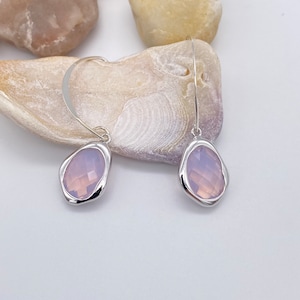 Rosa OpalFarbene Glas Tropfen Ohrringe | Rosa Opal Gehämmerte Ohrringe Sterling Silber | Sterling Silber Ohrringe