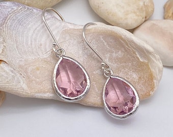 Pink Tourmaline Silver Earrings | October Birthstone Earrings | Pink Tourmaline Teardrop Pendant Earrings