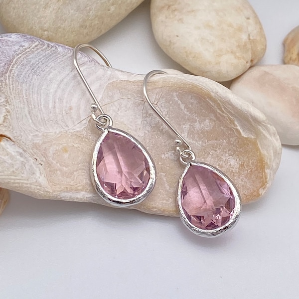 Pink Tourmaline Silver Earrings | October Birthstone Earrings | Pink Tourmaline Teardrop Pendant Earrings