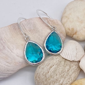 Blue Zircon Pendant Earrings | Blue Zircon Glass Sterling Silver Earrings | December Birthstone Earrings | Gift for Her | Bridal Jewelry