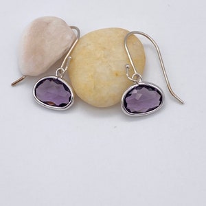 Amethyst Oval Pendant Earrings | Amethyst Colored Glass Pendant Earrings | Purple Sterling Silver Earrings | Bridesmaid Gift | Gift for Her