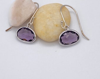 Amethyst Oval Pendant Earrings | Amethyst Colored Glass Pendant Earrings | Purple Sterling Silver Earrings | Bridesmaid Gift | Gift for Her