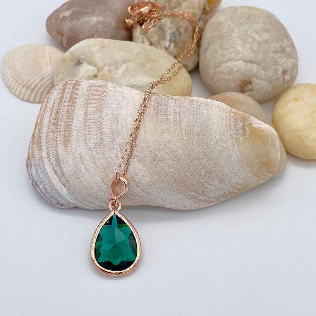 Emerald Teardrop Pendant Necklace Emerald Glass Pendant Rose Gold