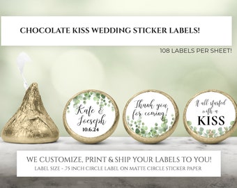 Printed Chocolate Kiss Stickers - Greenery Wedding Party Favors, Green Leaves Wedding Chocolate Kisses, Custom Candy Label Party Decor