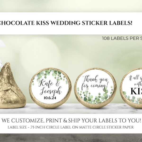 Printed Chocolate Kiss Stickers - Greenery Wedding Party Favors, Green Leaves Wedding Chocolate Kisses, Custom Candy Label Party Decor