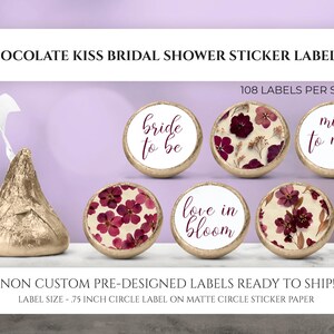Chocolate Kiss Sticker, Miss to Mrs, Dried Flower Wedding Favors, Maroon Pressed Flower Bridal Shower, Candy Labels Vintage Burgandy Wedding