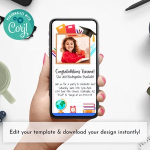 May include: A smartphone displays a graduation announcement template. The announcement features a photo of a smiling child, text that reads "Congratulations Viviana!" and event details. The image also includes the text "Edit your template & download your design instantly!"