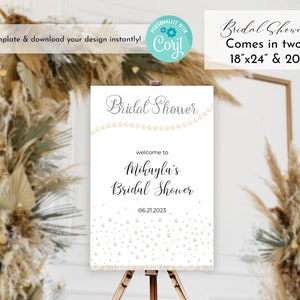 Bridal Shower Editable Party Sign Template, Customizable Pearl Welcome Sign, Pearl Bridal Shower Decoration, Decor Corjl Template Download