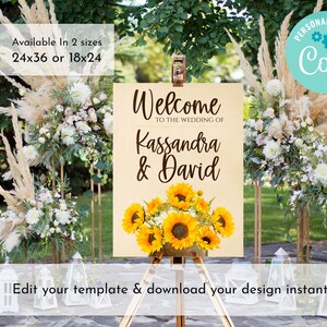 Sonnenblume bearbeitbare Hochzeit Zeichen Vorlage, anpassbare Willkommensschild, Sonnenblume Hochzeit Dekorationen, Dekor Corjl Vorlage digitaler Download