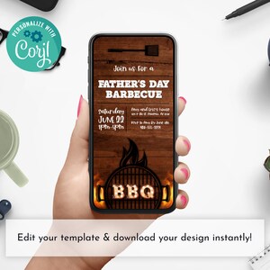 May include: A smartphone displays a Father's Day barbecue invitation with a wood-grain background. The invitation text includes "Join us For a Father's Day Barbecue," date, time, and RSVP information. The design features a grill graphic with the word "BBQ."