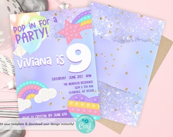Pop It Fidget Toy Kids Birthday Party Invitation, Editable 5x7 Birthday Invitation, Sparkle Invitation, Pop it & Balloons Edit and Download
