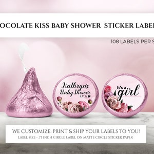 Stickers imprimés baiser au chocolat - Cadeaux de naissance floraux roses personnalisés, bisous de baby shower de fleurs, étiquette de bonbon personnalisée pivoine bébé