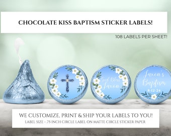 Printed Chocolate Kiss Stickers - Personalized Baptism Party Favors, Custom Christening Chocolate Kisses, Custom Candy Label Party Decor