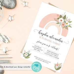 Modern Rainbow Birthday Party Invitation, Editable Rainbow Invite, Printable Rainbow Birthday, Girls Boho Birthday Template, Floral Invite