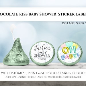 Oh baby chocolade kusstickers, gepersonaliseerde neutrale ballon en confetti babyshower bedankjes, babyshower kuslabels, aangepast snoeplabel