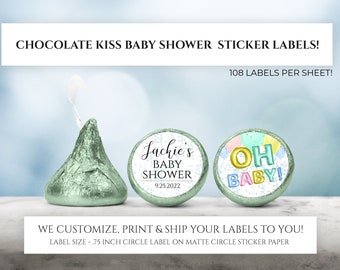 Printed Chocolate Kiss Stickers - Personalized Neutral Balloon and Confetti Baby Shower Favors, Baby Shower Kiss Labels, Custom Candy Label