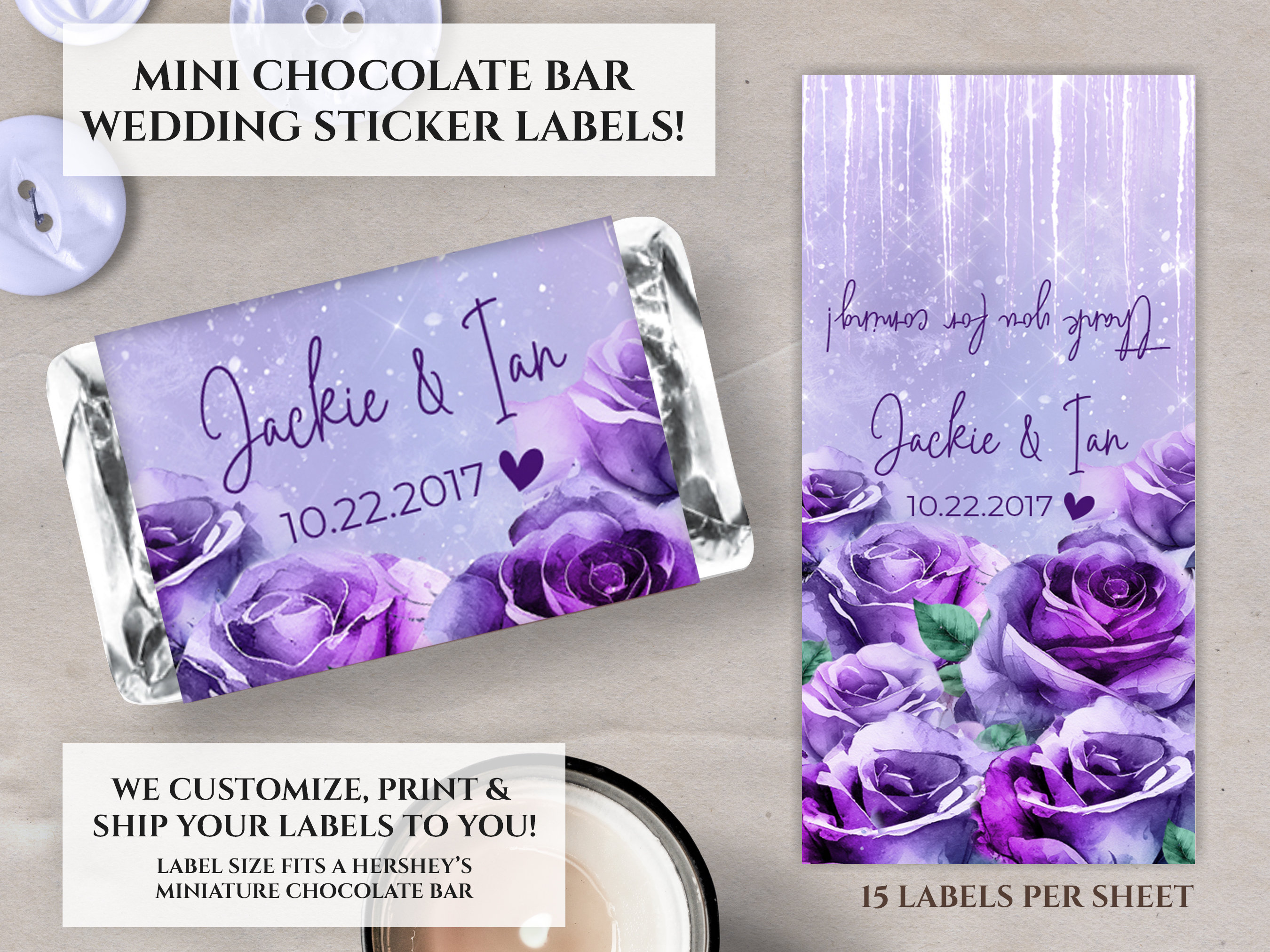 Personalized Wedding Candy Bar Wrapper for Miniature Chocolates, Purple ...