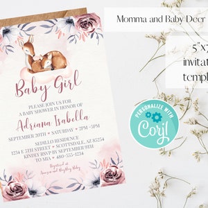 Pink and Blue Baby Shower Editable Deer and Baby Fawn 5x7 Printable Invitation Decoration Corjl Template Digital Download Baby Celebration