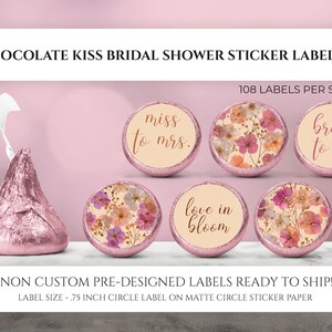 Chocolate Kiss Sticker, Miss to Mrs, Dried Flower Wedding Favor, Pink Pressed Flower Bridal Shower, Candy Labels Vintage Floral Wedding